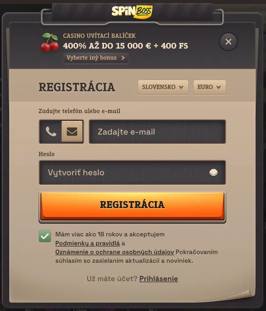 Registračný formulár na Spinboss casino